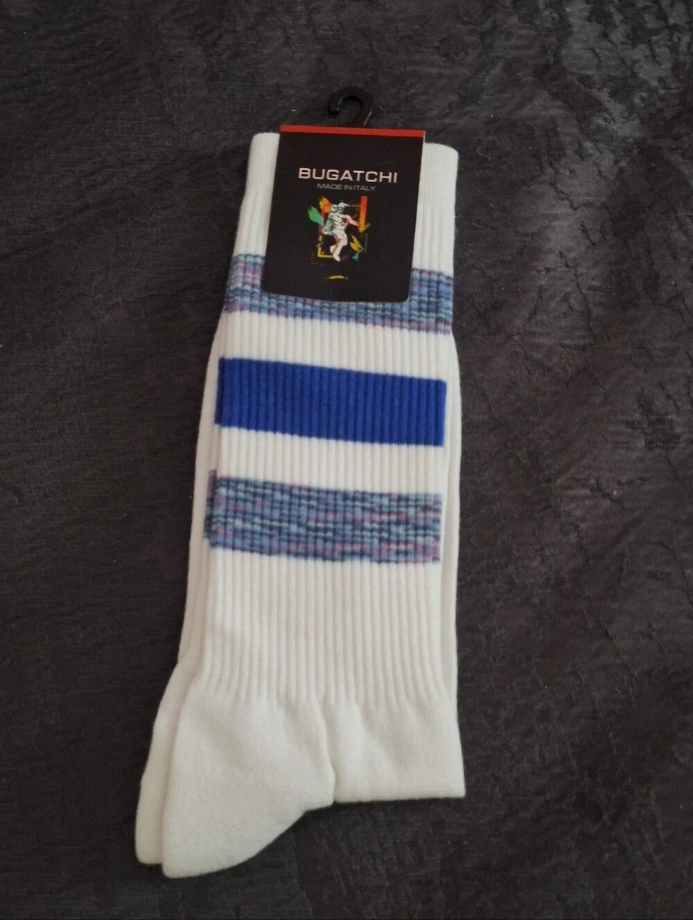 Bugatchi White Crew Socks with Bold Blue Stripe and Multicolor Bands